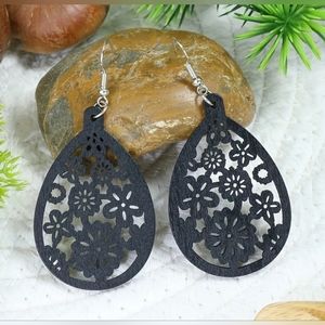 Laser Cut Black Floral Wood Earrings